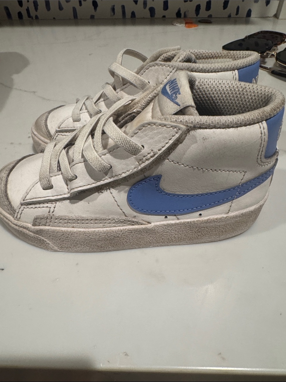 Nike Kids White and Light Blue Mid-Top Sneakers
